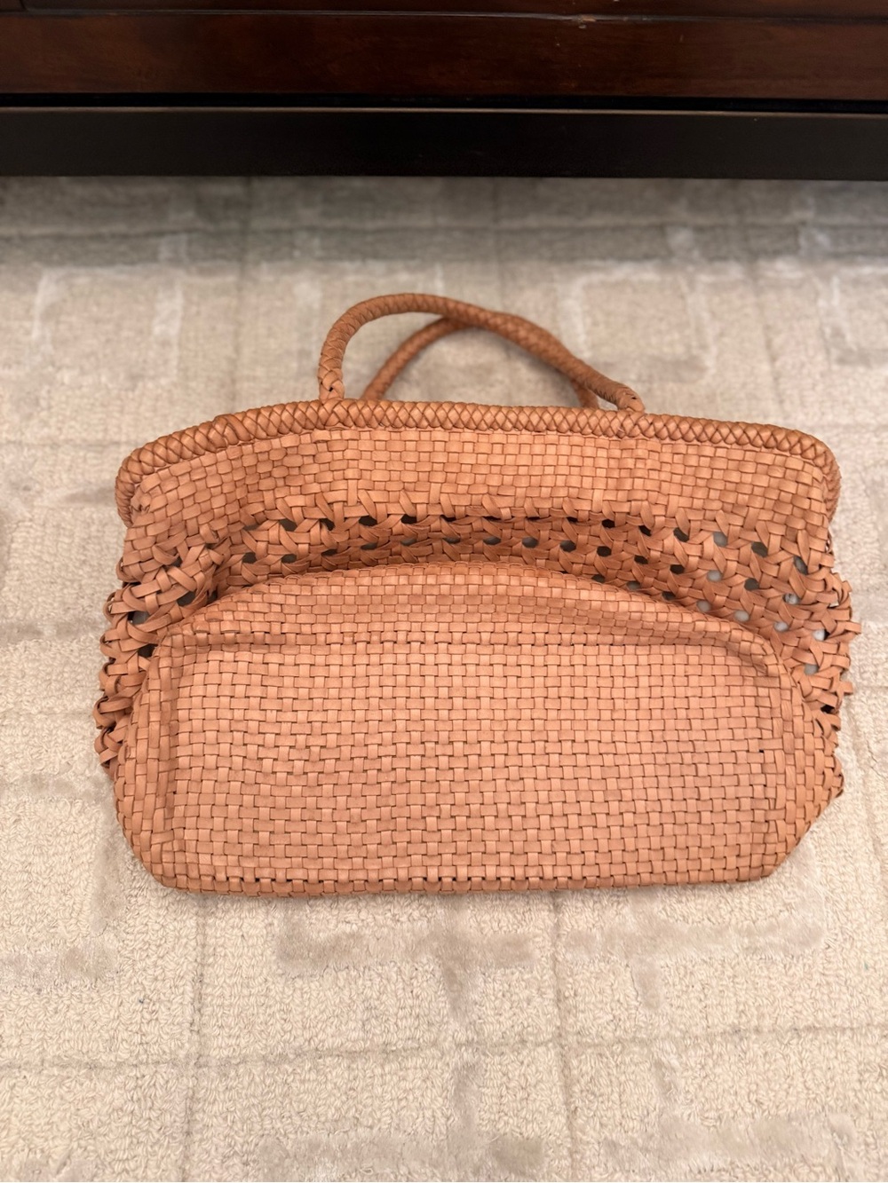 Woven Leather Tote Bag in Tan - Lightweight Summer Carryall by Village Thrive - Picture 5 of 6